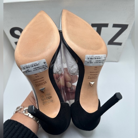 NWT SCHUTZ Den Transparent Silver Flames Pointed Toe Pumps High Heels Sz 5B - Picture 6 of 10